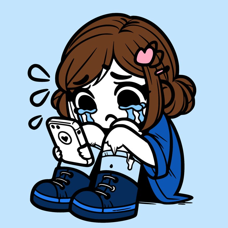 girl sitting down crying with her head down in her phone