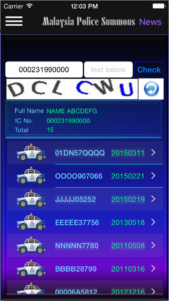 Malaysia Police Summons - Malaysia Police Summons app interface displaying a list of traffic summons results with vehicle plate numbers and dates.