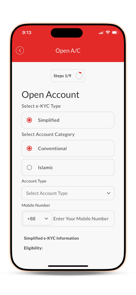 Mobile app screen for opening a new bank account showing e-KYC and account category selection options.