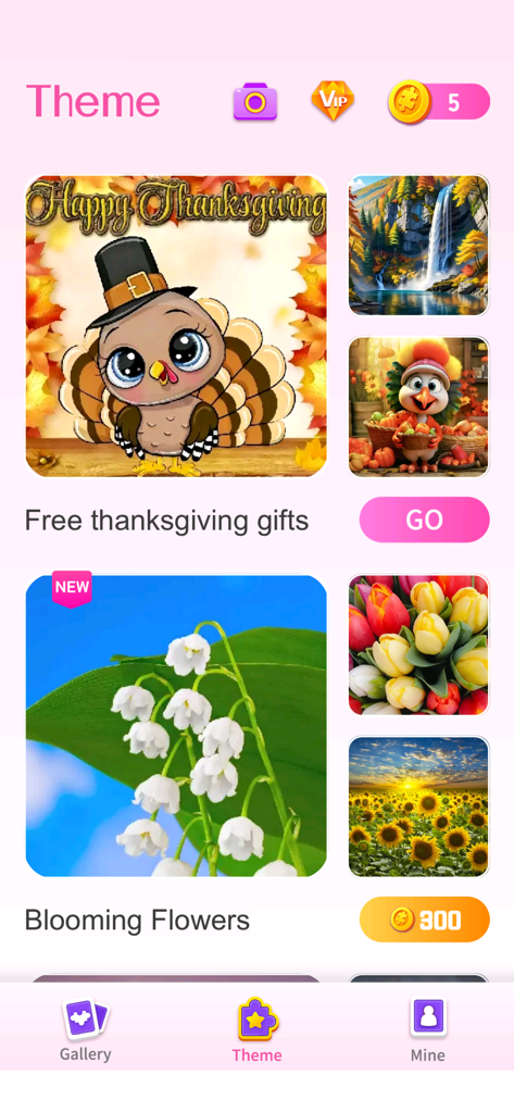 Art Puzzle Master：Jigsaw Game - Theme selection screen in Art Puzzle Master Jigsaw Game featuring Thanksgiving and flower puzzles.