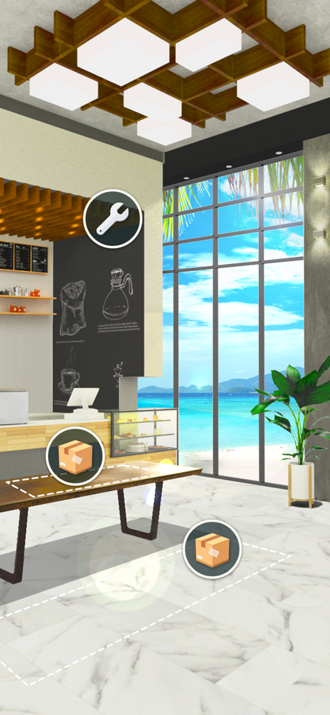 Home Design : Paradise Life - Interior design of a cafe with a tropical beach view in a mobile game