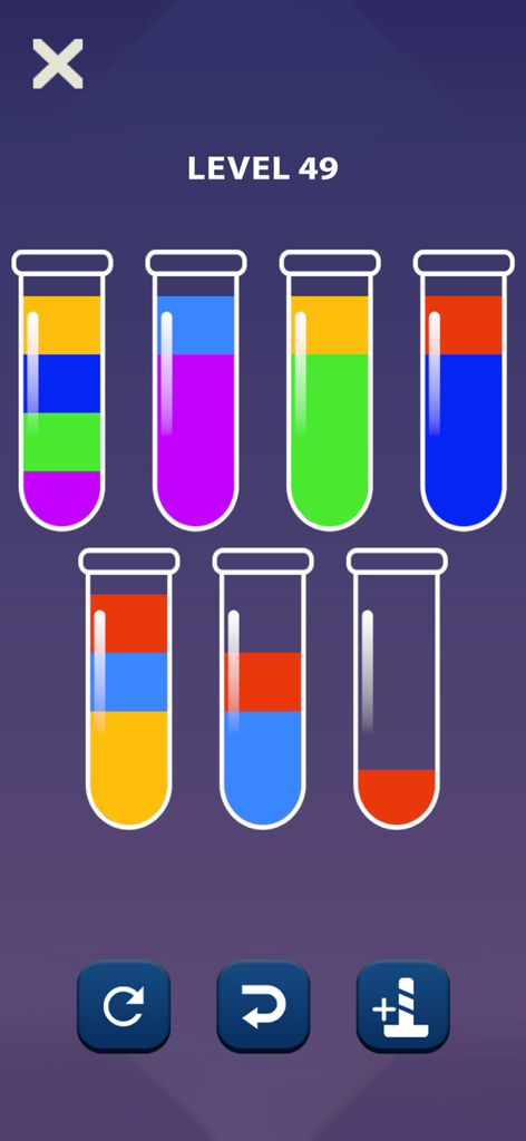 No WiFi Mini Games Offline Fun - Um jogo de quebra-cabeça de classificação de cores com múltiplos tubos de ensaio e camadas de líquido no nível quarenta e nove