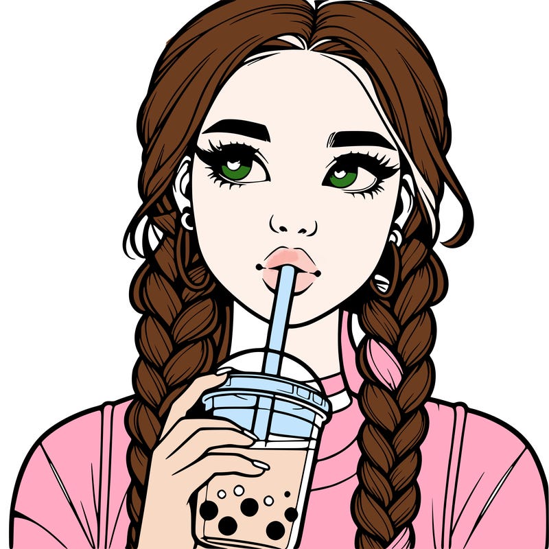 realistic girl with braided hair drinking boba