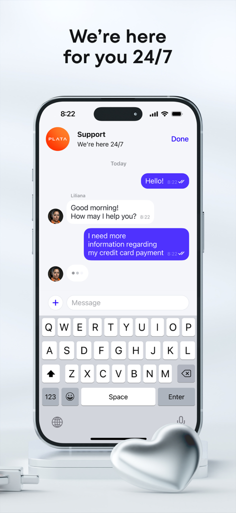Plata Card app screen showing a live 24/7 customer support chat conversation on a smartphone
