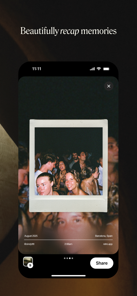 Retro app screen displaying a polaroid photo of friends with a memory recap headline