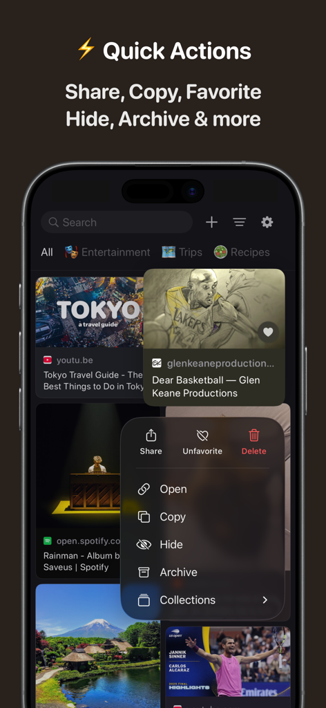 Nutbox: save, organize, find - Nutbox app interface showing a quick actions menu with options to share, copy, favorite, hide, and archive saved items.