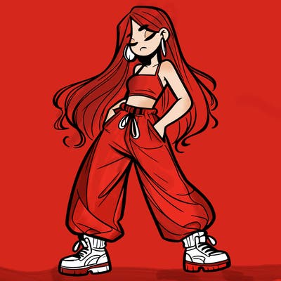 girl in baggy pants crop top and long hair