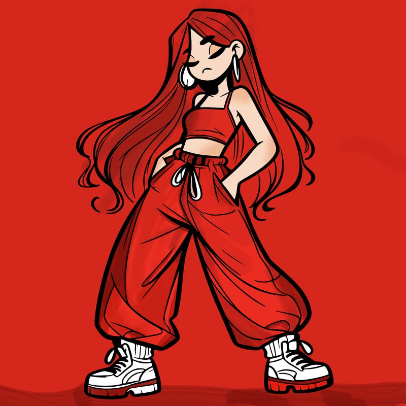 girl in baggy pants crop top and long hair