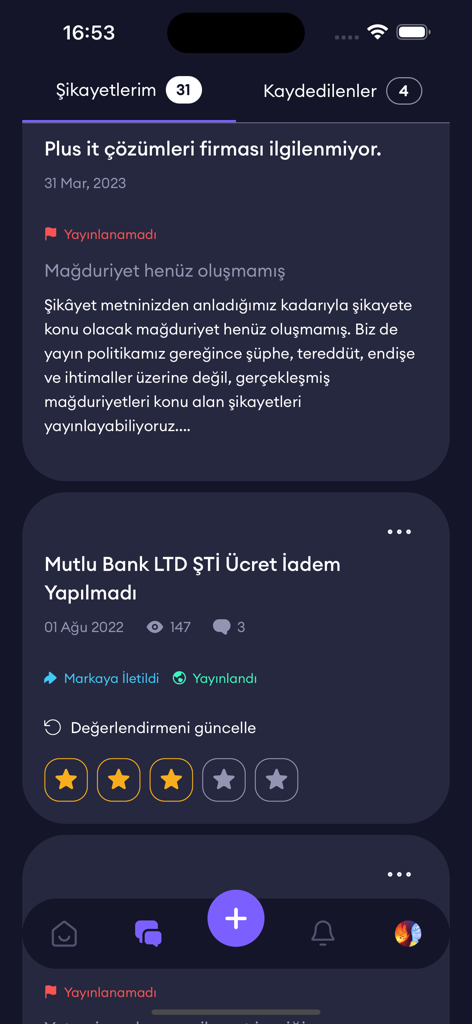 Şikayetvar - Interfaz de la aplicación móvil de Sikayetvar que muestra una lista de quejas de usuarios y su estado de publicación