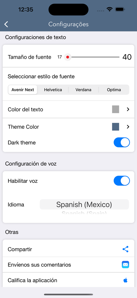 Menú de configuración de la aplicación Santa Biblia mostrando opciones de tamaño de fuente, estilo de texto, modo oscuro y configuración de voz.