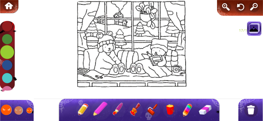 Bobbie Goods Art Coloring Book - Uma página de livro de colorir digital do aplicativo Bobbie Goods apresentando dois personagens fofos em uma sala de inverno aconchegante com ferramentas de desenho abaixo.