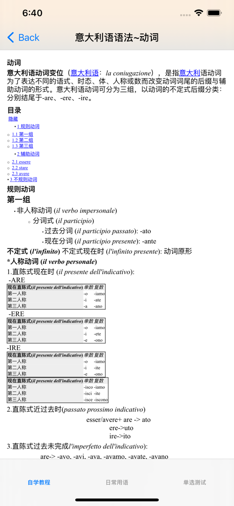 Italian verb conjugation grammar rules and tables explained in Chinese within the app interface.