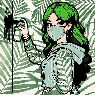 realistic girl with mask spray painting a wall