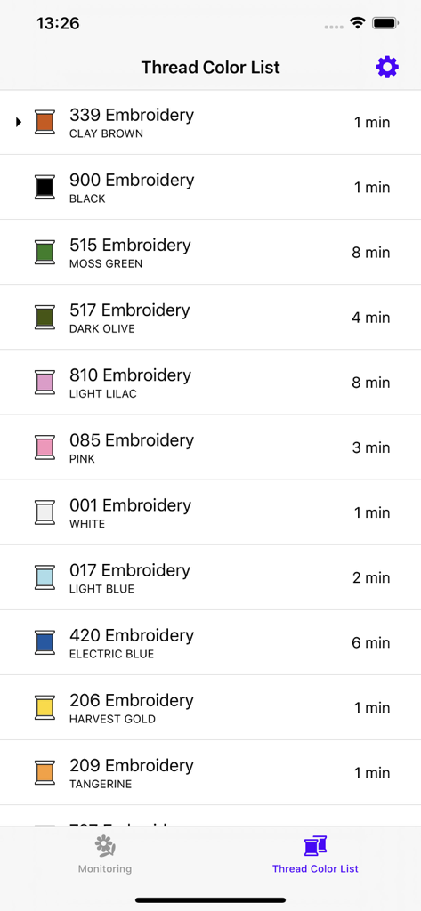 Captura de pantalla de la aplicación Brother My Stitch Monitor que muestra una lista detallada de colores de hilo de bordar con los tiempos de costura estimados para cada color.