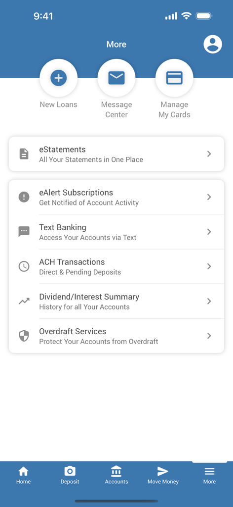 Polish-American Federal CU - The more options screen of the Polish-American Federal Credit Union app showing services like eStatements and message center