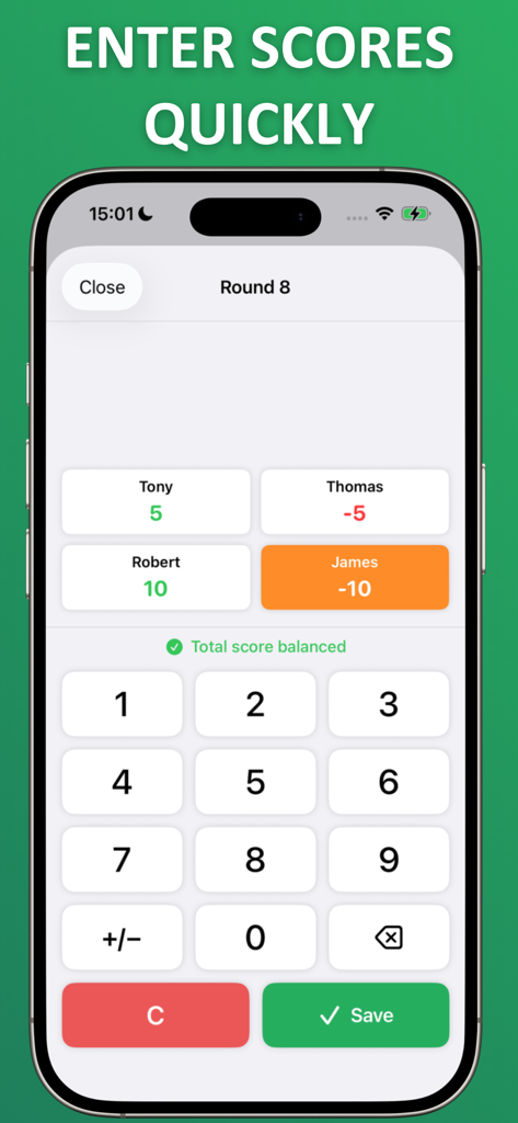Score Keeper & Scoreboard - Numeric keypad interface in the Score Keeper app for entering player scores quickly during a game.