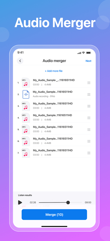 Audio Converter - Music editor - Interfaz que muestra múltiples pistas de audio fusionándose en la aplicación