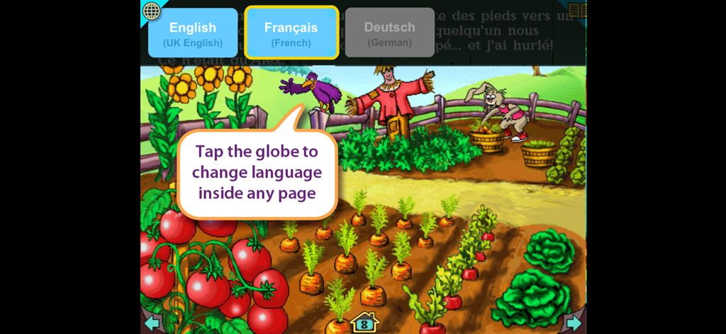 Eine Gartenszene in der Hase und Igel App mit einem Sprachauswahlmenü für Englisch, Französisch und Deutsch.