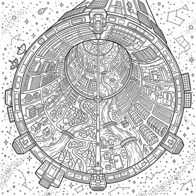 Step into a breathtaking future with this intricate O'Neill Cylinder Colony coloring page. Discover a self-contained world of cities, nature, and advanced technology awaiting your artistic touch.