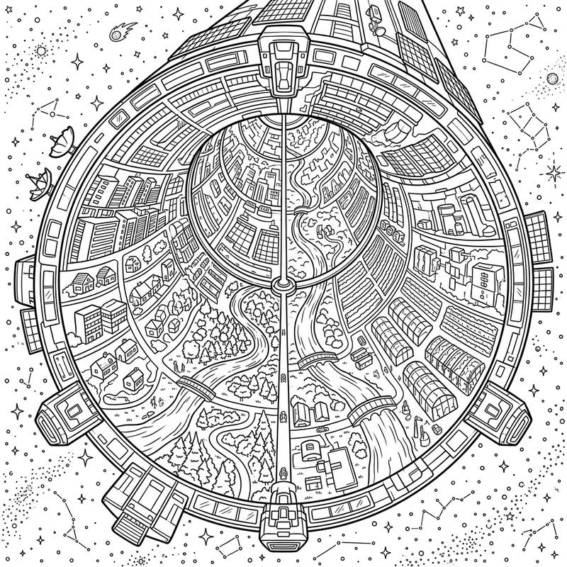 Step into a breathtaking future with this intricate O'Neill Cylinder Colony coloring page. Discover a self-contained world of cities, nature, and advanced technology awaiting your artistic touch.