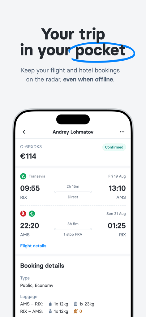 C Teleport - Smartphone screen showing a flight itinerary and booking details in the C Teleport travel app