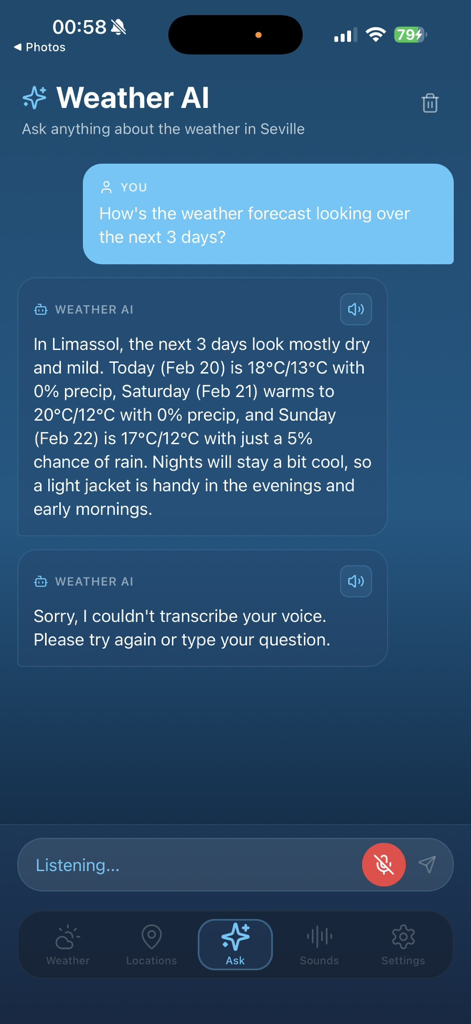 Weather & Chill - Asistente de IA de la aplicación Weather and Chill mostrando una previsión meteorológica de 3 días y recomendación de vestimenta.