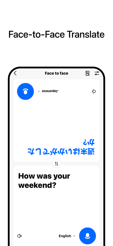 Split-screen interface of Hi Translate app showing real-time face-to-face translation between Japanese and English.