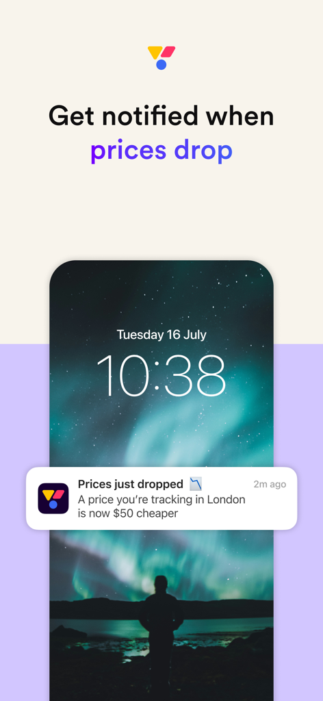 Vio.com mobile app push notification alert showing a price drop for a tracked hotel booking