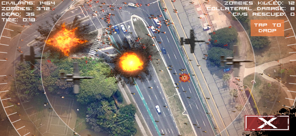 Aerial view of A-10 planes performing an airstrike on a city street in a zombie simulation