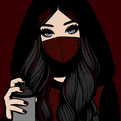 girl wearing a mask with long hair with her hood up spray-painting realistic