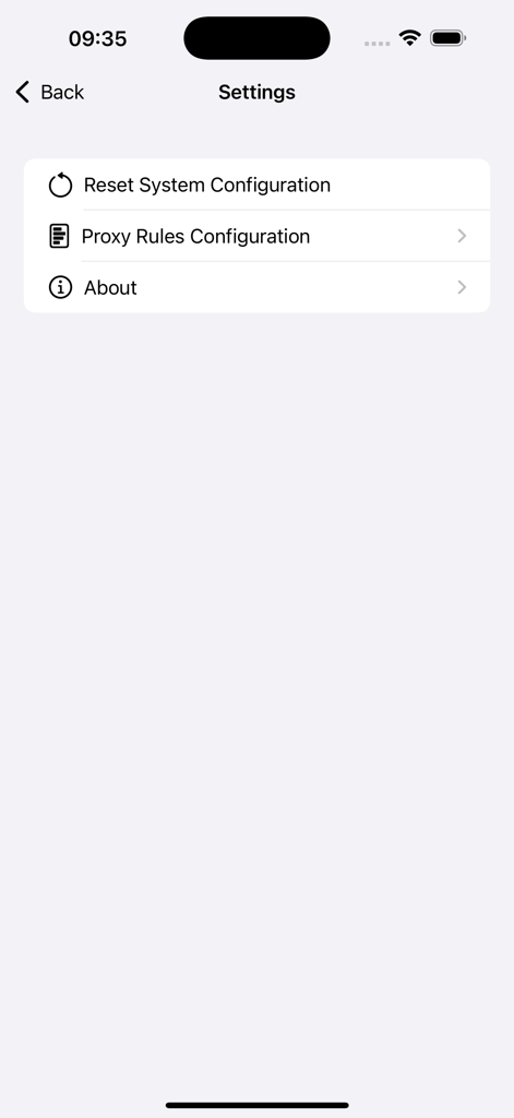 CyberSpy - CyberSpy app settings menu showing options for proxy rules configuration and system reset