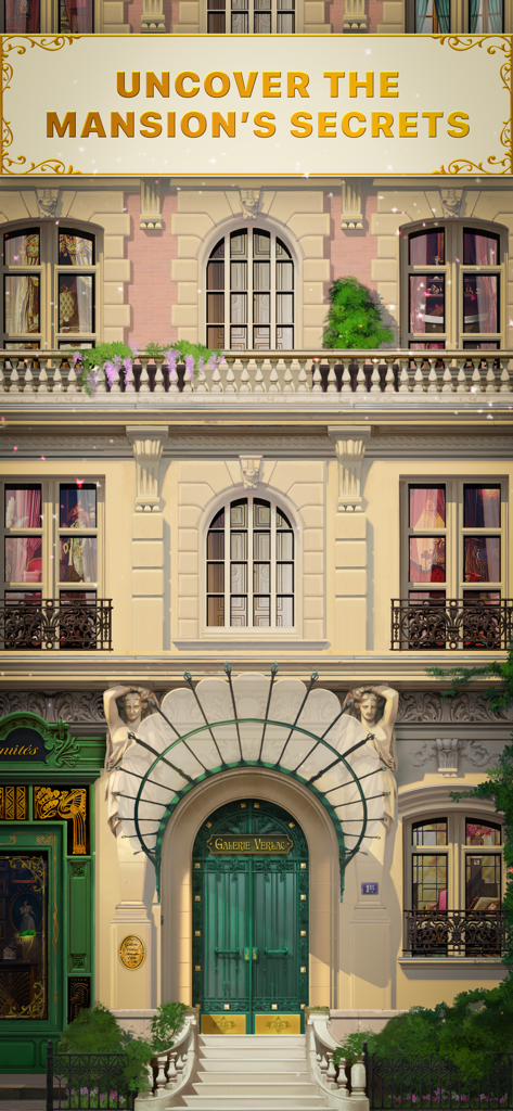 Dazzly Stories: Ambre's Secret - Facade of a grand Parisian mansion and the entrance to Galerie Verlac in Dazzly Stories Ambre's Secret