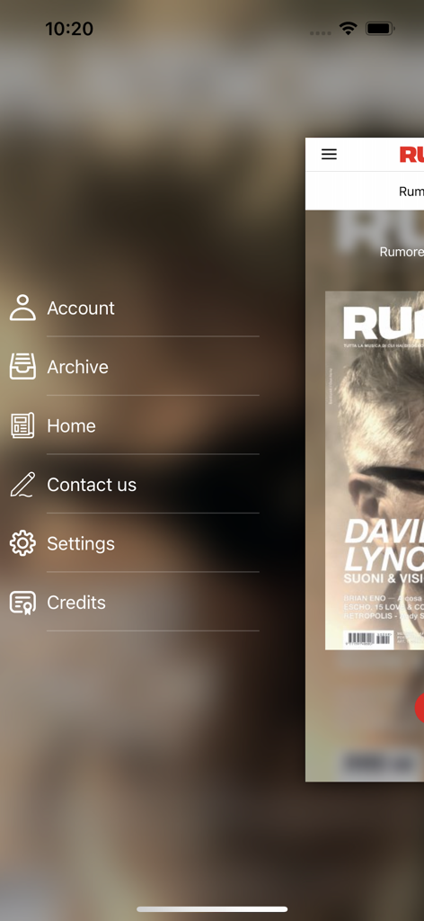 The navigation side menu of the Rumore Magazine app featuring links to account archive and settings.
