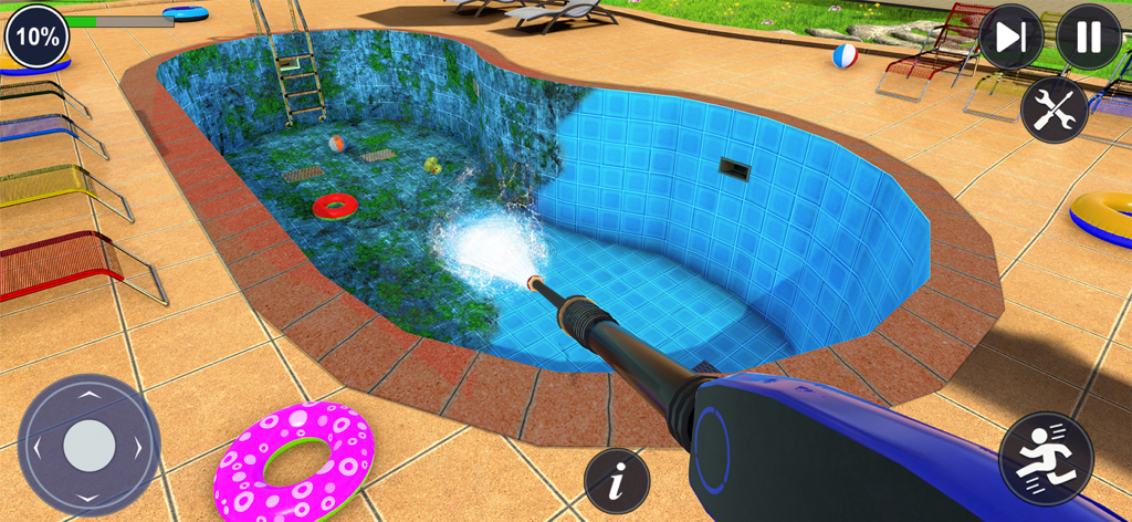 Swimming Pool Cleaning Games - Cleaning a dirty swimming pool with a pressure wash gun in a simulation game