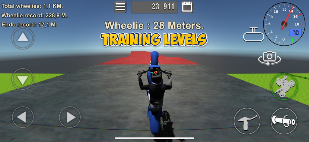 Wheelie King 3D - Una motocicleta azul realizando un caballito en el nivel de entrenamiento del juego móvil Wheelie King 3D.