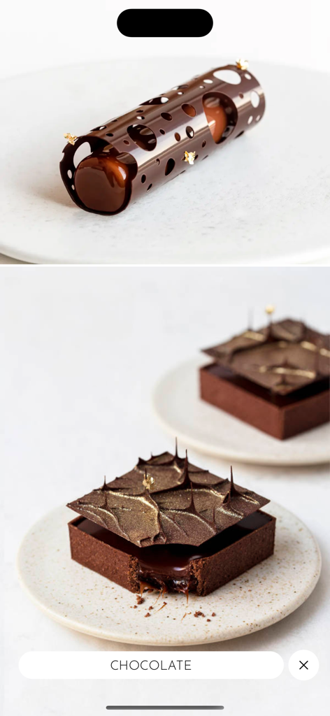 Two artistic chocolate desserts with intricate designs and gold leaf accents