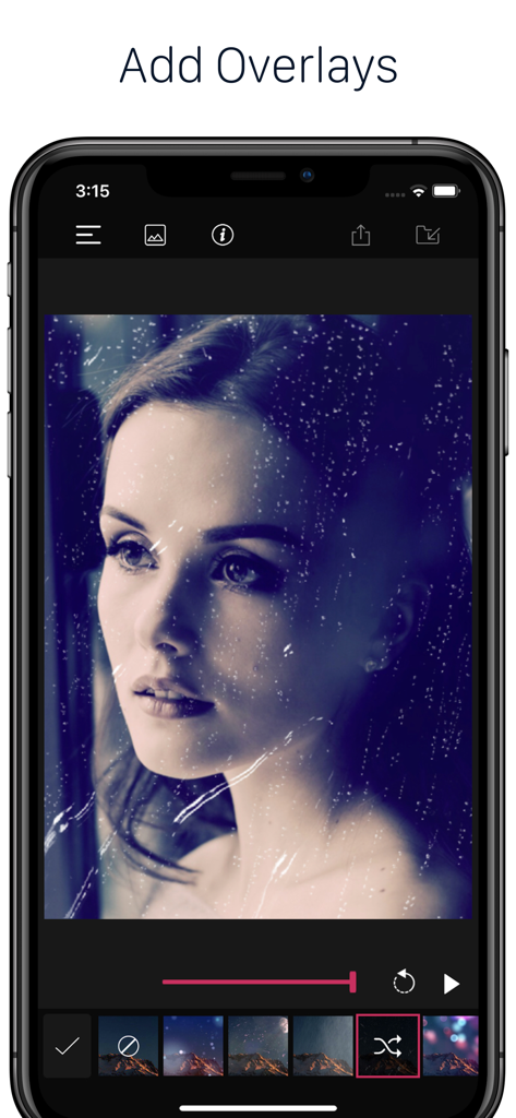 PixaMotion 3d Photo Video Loop - A woman's portrait being edited with a rain overlay in the PixaMotion photo animator app