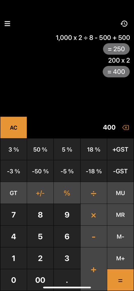 Gst Calculator - Tax Clac - Mobile Anwendungs-Oberfläche eines MwSt.-Rechners, die spezielle Steuertasten und den Berechnungsverlauf anzeigt.