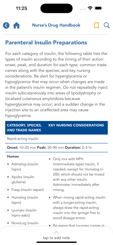 Pantalla de la aplicación Nurse Drug Handbook que muestra información detallada sobre medicamentos de insulina y consideraciones de enfermería.