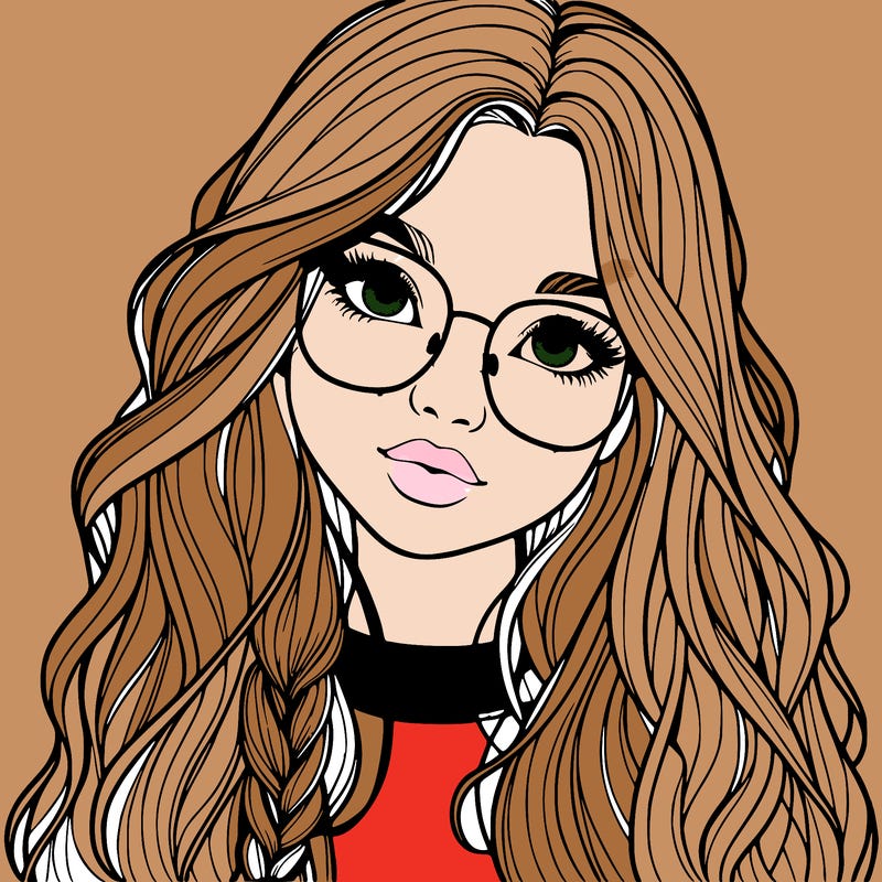girl with long hair and freckles and glasses realistic