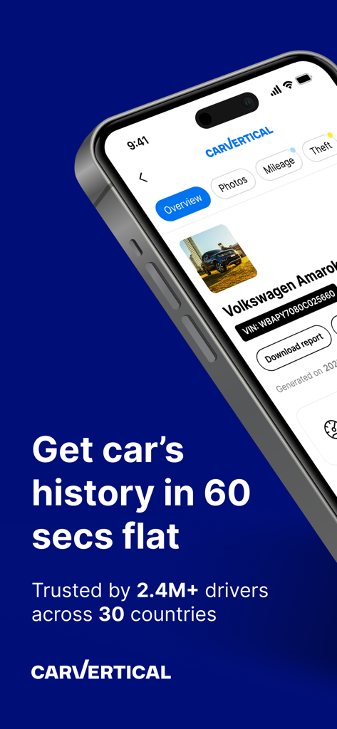 carVertical mobile app interface showing a vehicle history report for a Volkswagen Amarok