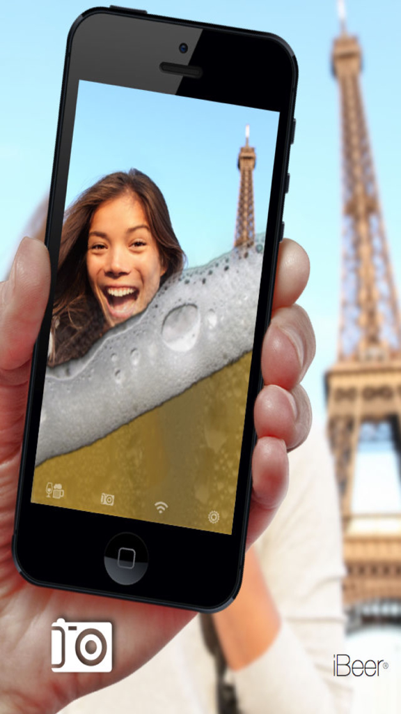 iPhone showing the iBeer app simulating liquid over a custom photo background of a woman at the Eiffel Tower