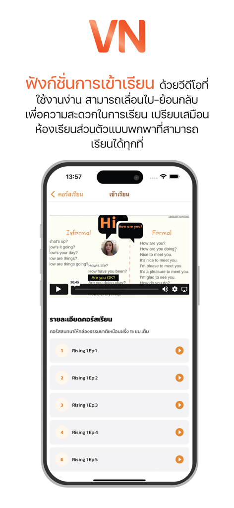 VN English Anywhere - Interfaz de la aplicación VN English Anywhere mostrando una lección en video que compara saludos formales e informales y una lista de episodios del curso.