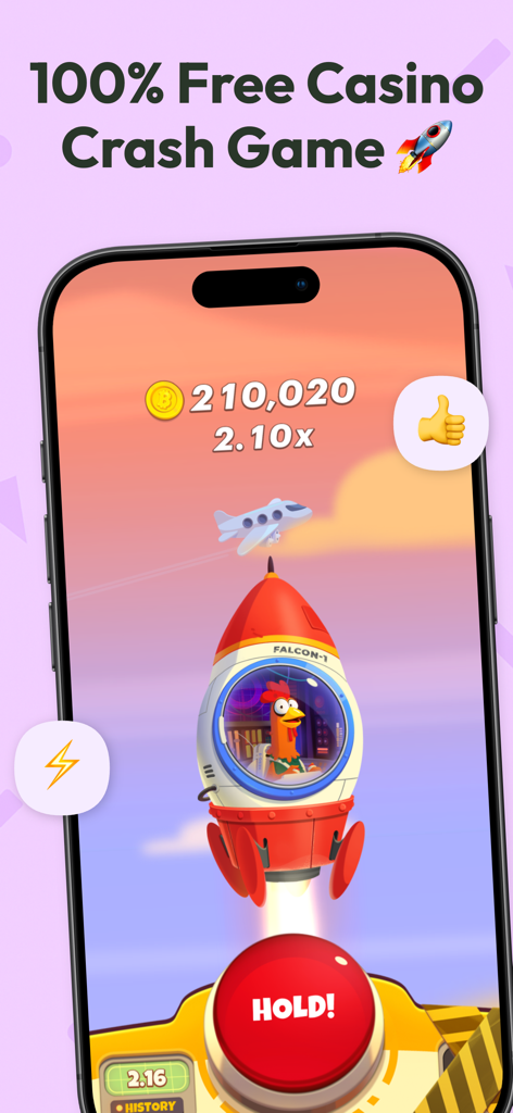 치킨 또는 추락 모바일 게임 인터페이스, 2.10배 승수와 홀드 버튼이 있는 로켓에 탄 닭 표시