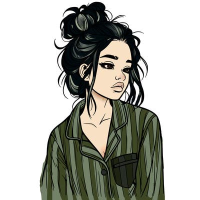 realistic woman with pajamas on and a messy bun