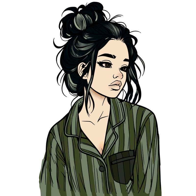 realistic woman with pajamas on and a messy bun