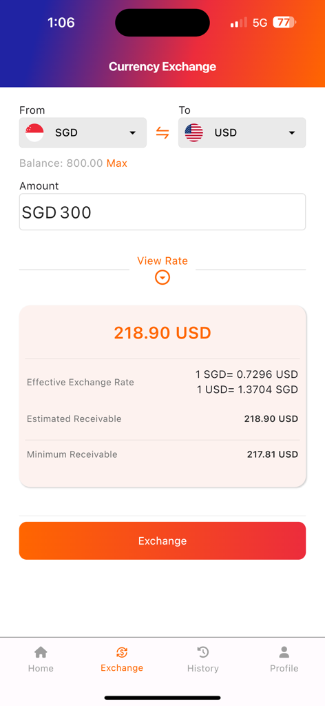 Bildschirm für Währungsumrechnung in der Spring Development Bank App, der die Umrechnung von SGD in USD zeigt