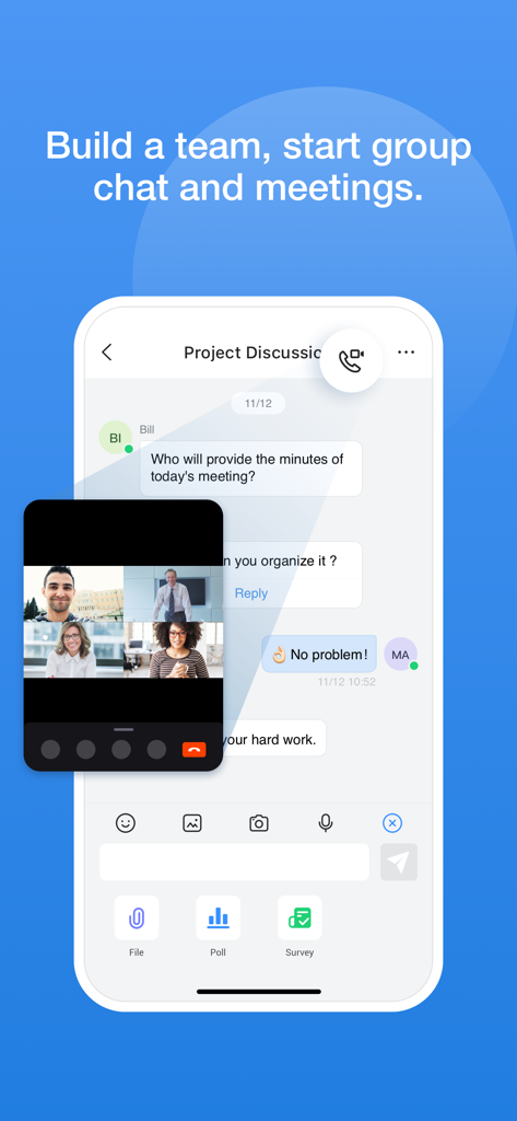 Grandstream Wave - A screenshot of Grandstream Wave app showing a group chat interface and a small video call window
