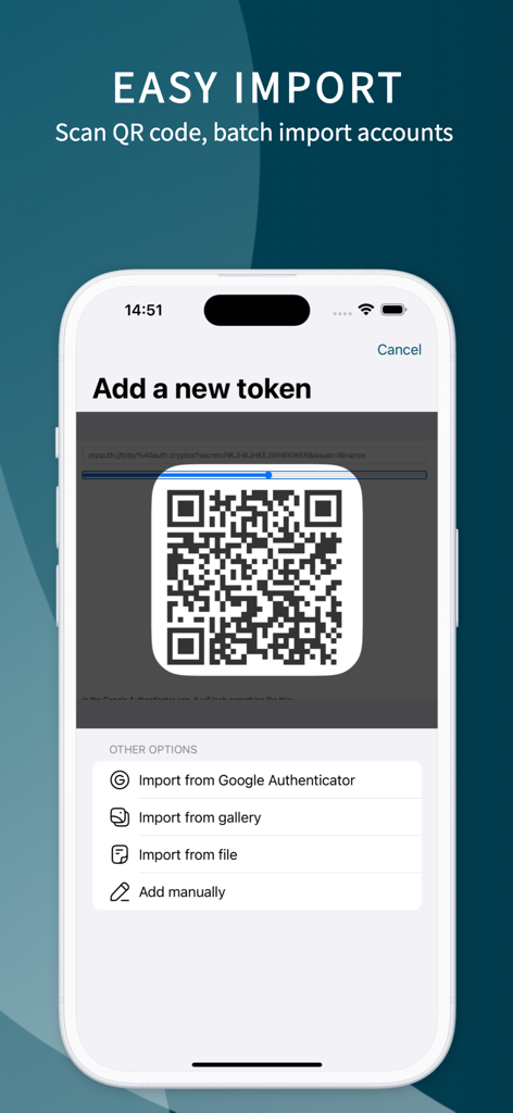 Écran de l'application Authenticator montrant le scanner de code QR pour ajouter de nouveaux jetons 2FA et les options d'importation depuis Google Authenticator