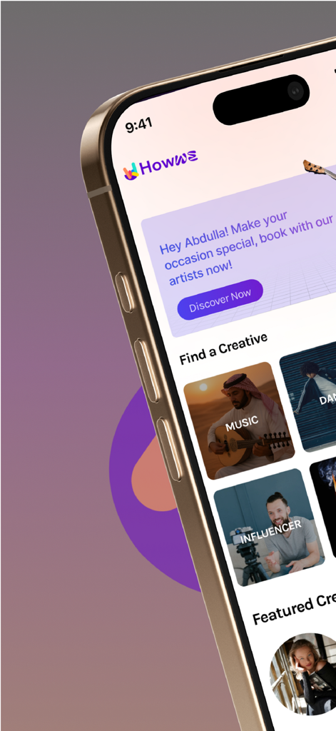 Howwe - Howwe app interface on an iPhone displaying options to find and book creative performers like musicians and influencers.